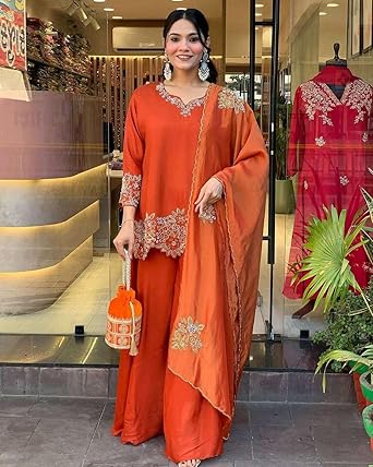 Georgette Embroidered Kurta with Plazzo design and Dupatta Set for Women