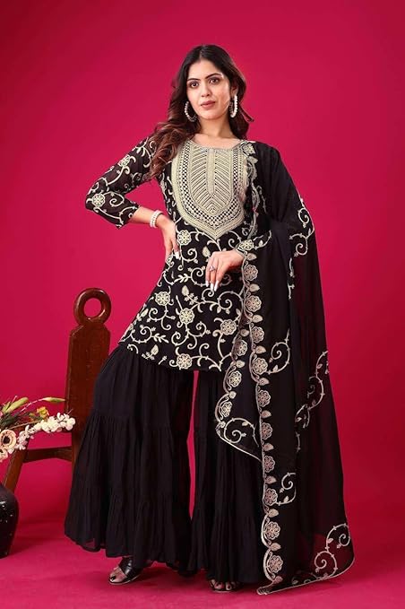 Women’s Faux Georgette Embroidered Kurti Set with Palazzo & Dupatta – Ethnic Party Wear