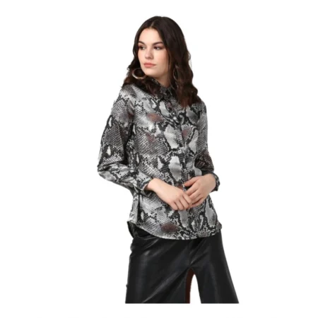 Generic Women's Satin Animal Print Long Sleeves Standard Length Shirt (Black - Grey)