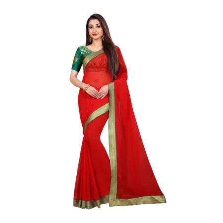 Generic Women's Chiifon Saree Printed Saree With Unstitched Blouse 5.5Mtr (Red)