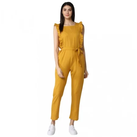 Generic Women's Cotton Linen Solid Sleeveless Jumpsuit (Yellow)