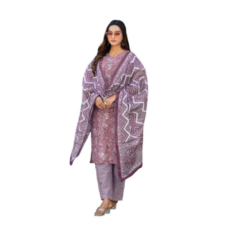 Generic Women's Cotton Blend Printed Kurti With Pant Dupatta Set (Lavender)